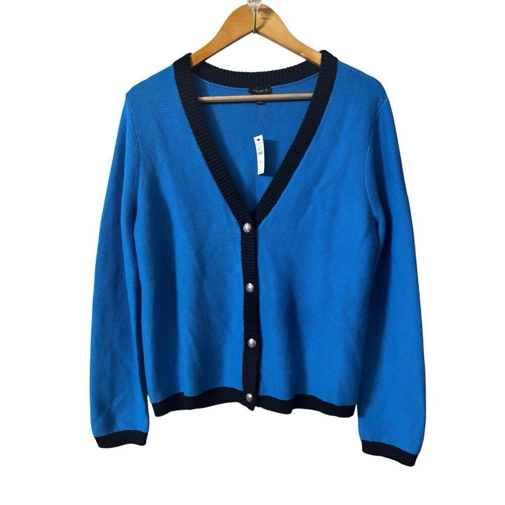 Talbots Tipped Texture V-Neck Cardigan Sweater Size M Crested Buttons new